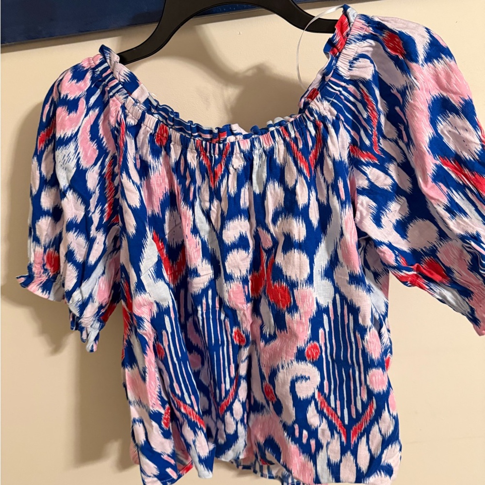 crown & ivy Blue, Pink and Red Off-Shoulder Puff Sleeve Blouse